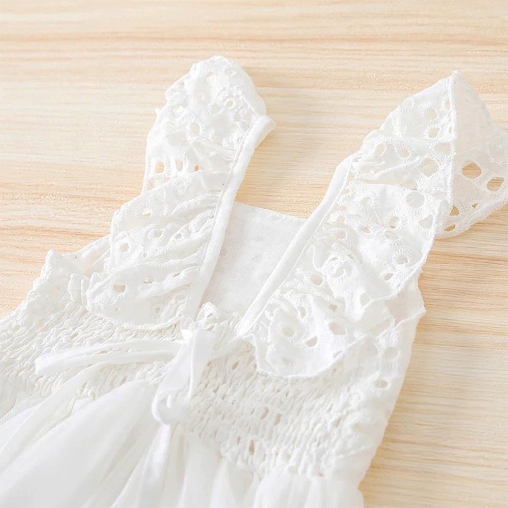 White Embroidered Eyelet Tulle Dress Little Girl Ruffle Crisscross Dress - Picture 5 of 5
